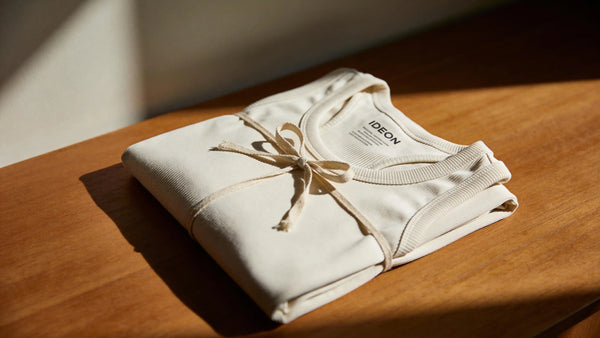 Débardeur blanc IDEON plié sur table en bois avec lumière naturelle